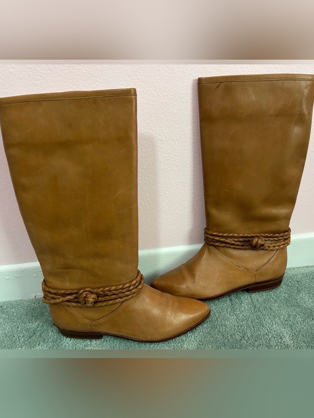 Vintage White Mountain Tan Braided-Strap Knee Boots Sz 8